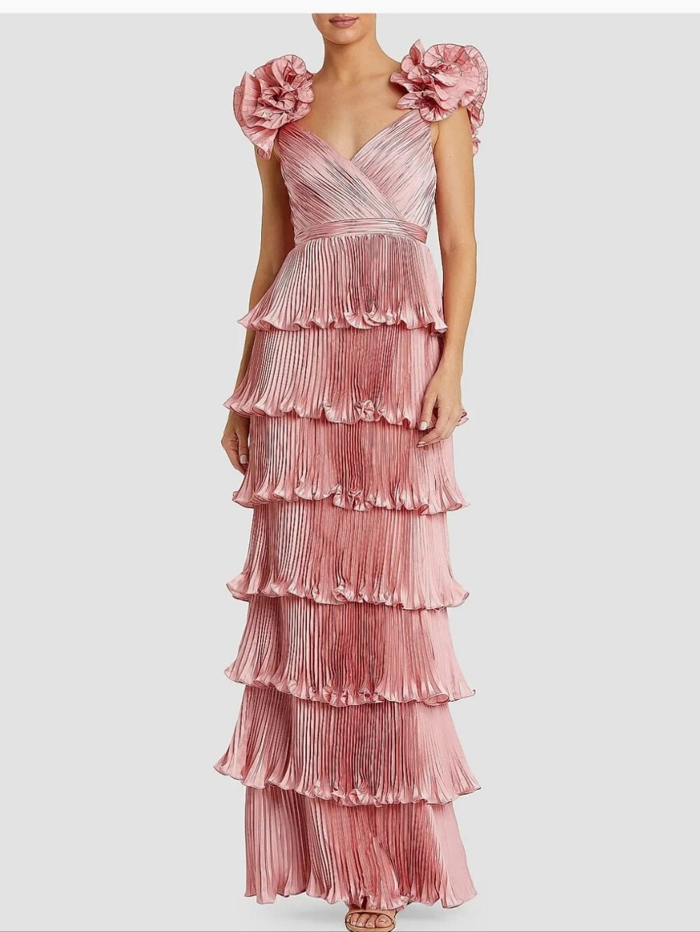 Mac Duggal NWT $498 Rose Pink Pleated Ruffle Tiered Maxi Gown Size 8 Old Money